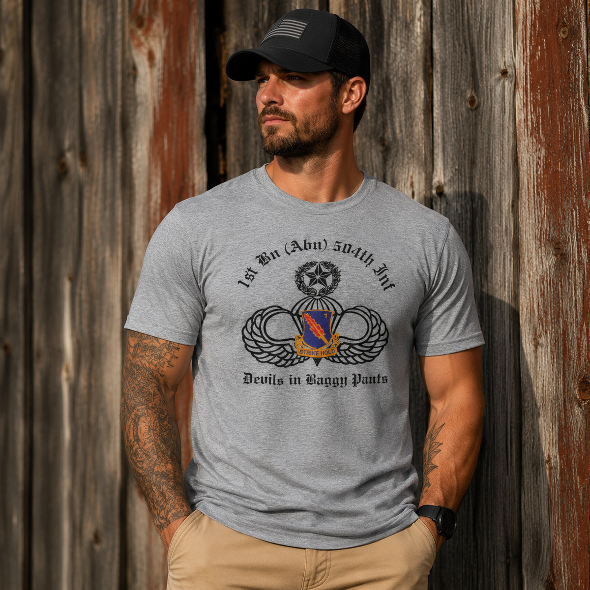 Model wearing the 1-504 PIR Red Devils PT T-shirt