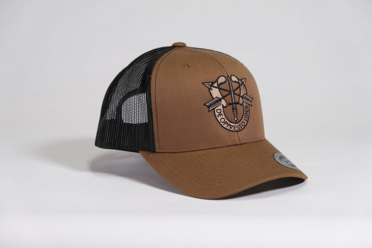 Special Forces Crest Embroidered Coyote Retro Trucker Cap - Shamrock Collective
