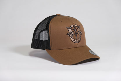 Special Forces Crest Embroidered Coyote Retro Trucker Cap - Shamrock Collective