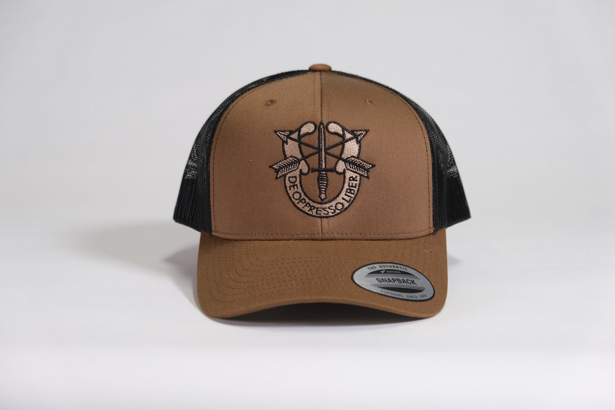 Special Forces Crest Embroidered Coyote Retro Trucker Cap - Shamrock Collective