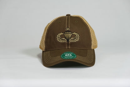 Senior Airborne Badge Embroidered Olive Drab Old Faithful Trucker Cap - Shamrock Collective