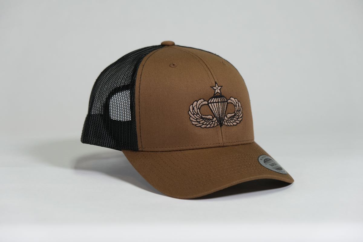 Senior Airborne Badge Embroidered Coyote Retro Trucker Cap - Shamrock Collective