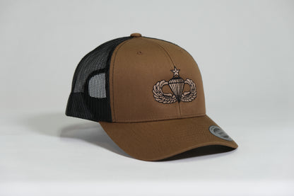 Senior Airborne Badge Embroidered Coyote Retro Trucker Cap - Shamrock Collective