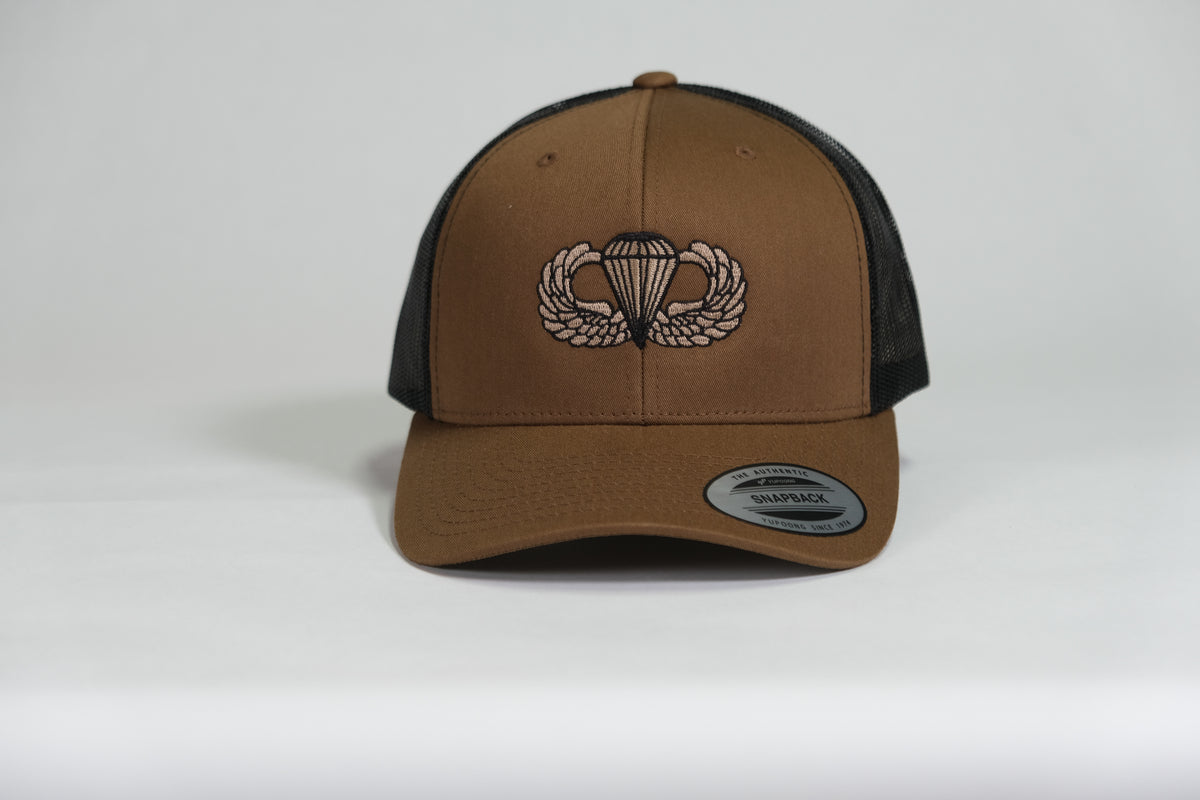 Basic Airborne Badge Embroidered Coyote Retro Trucker Cap - Shamrock Collective