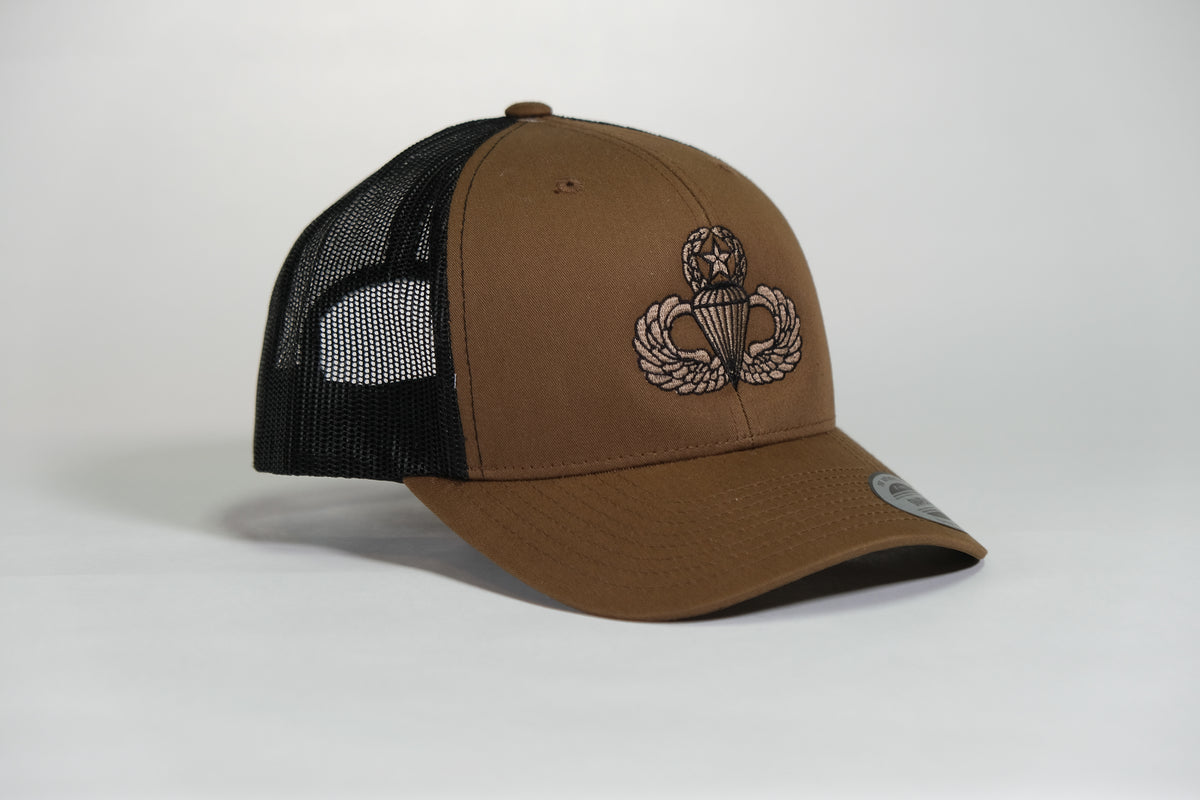 Master Airborne Badge Embroidered Coyote Retro Trucker Cap - Shamrock Collective