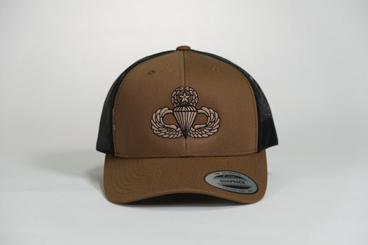 Master Airborne Badge Embroidered Coyote Retro Trucker Cap - Shamrock Collective