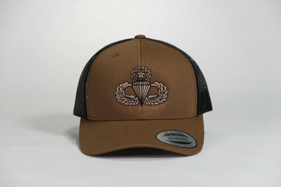 Master Airborne Badge Embroidered Coyote Retro Trucker Cap - Shamrock Collective