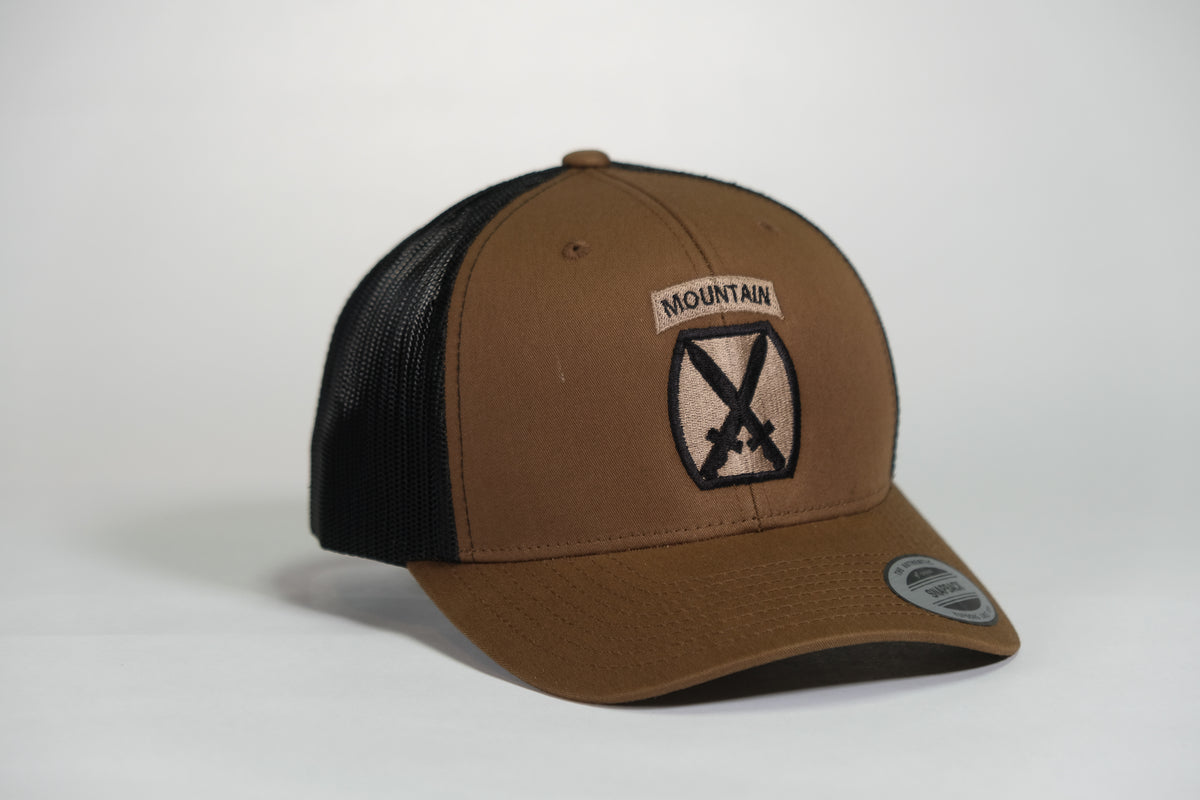 10th Mountain Division Patch Embroidered Coyote Retro Trucker Cap - Shamrock Collective