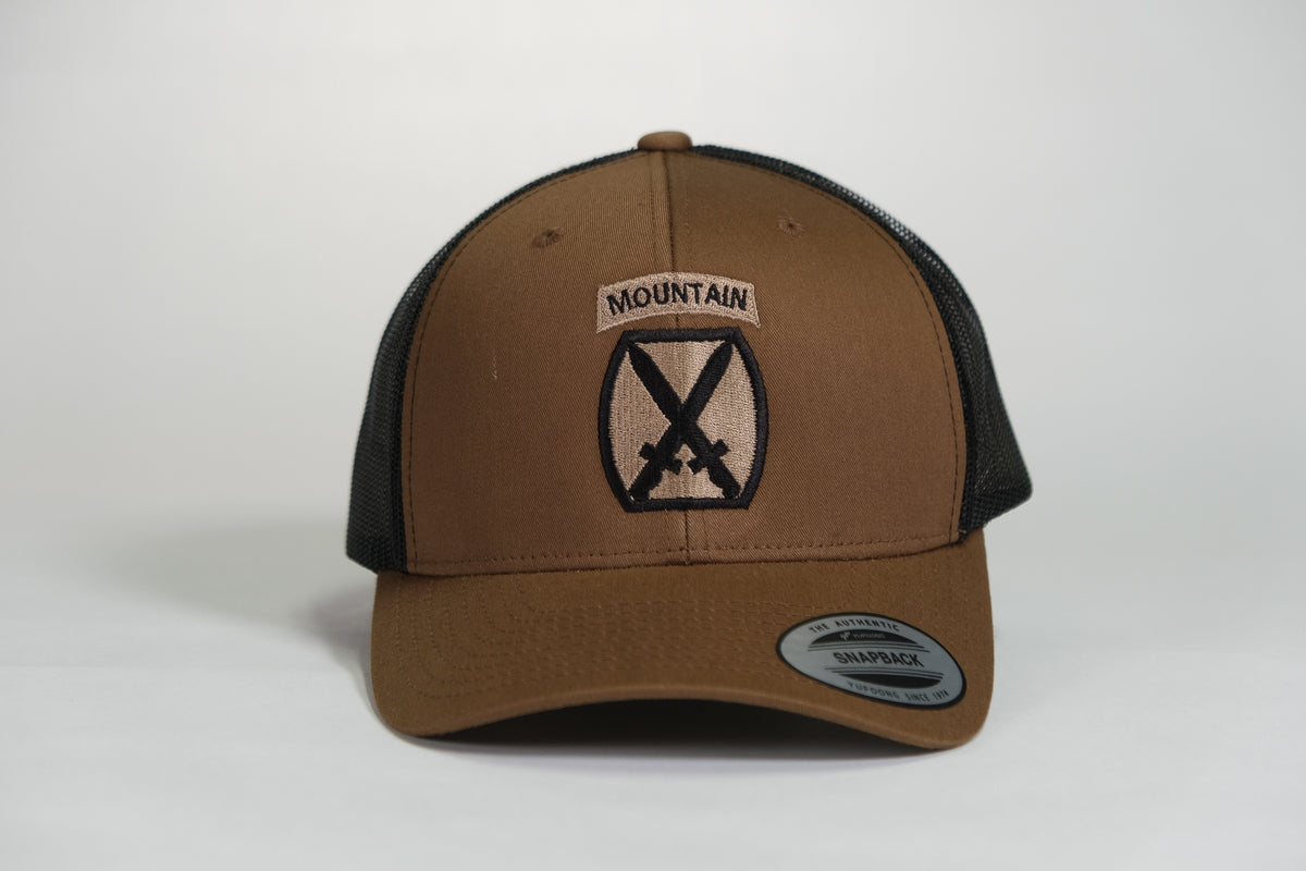 10th Mountain Division Patch Embroidered Coyote Retro Trucker Cap - Shamrock Collective